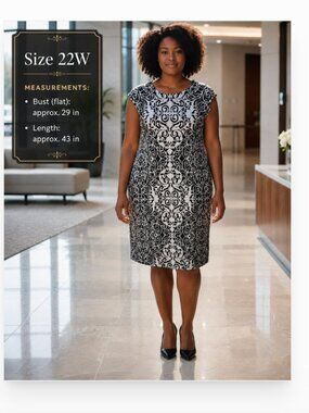 R&K Womens 22W Plus Size Black White Arabesque Damask Sheath Dress